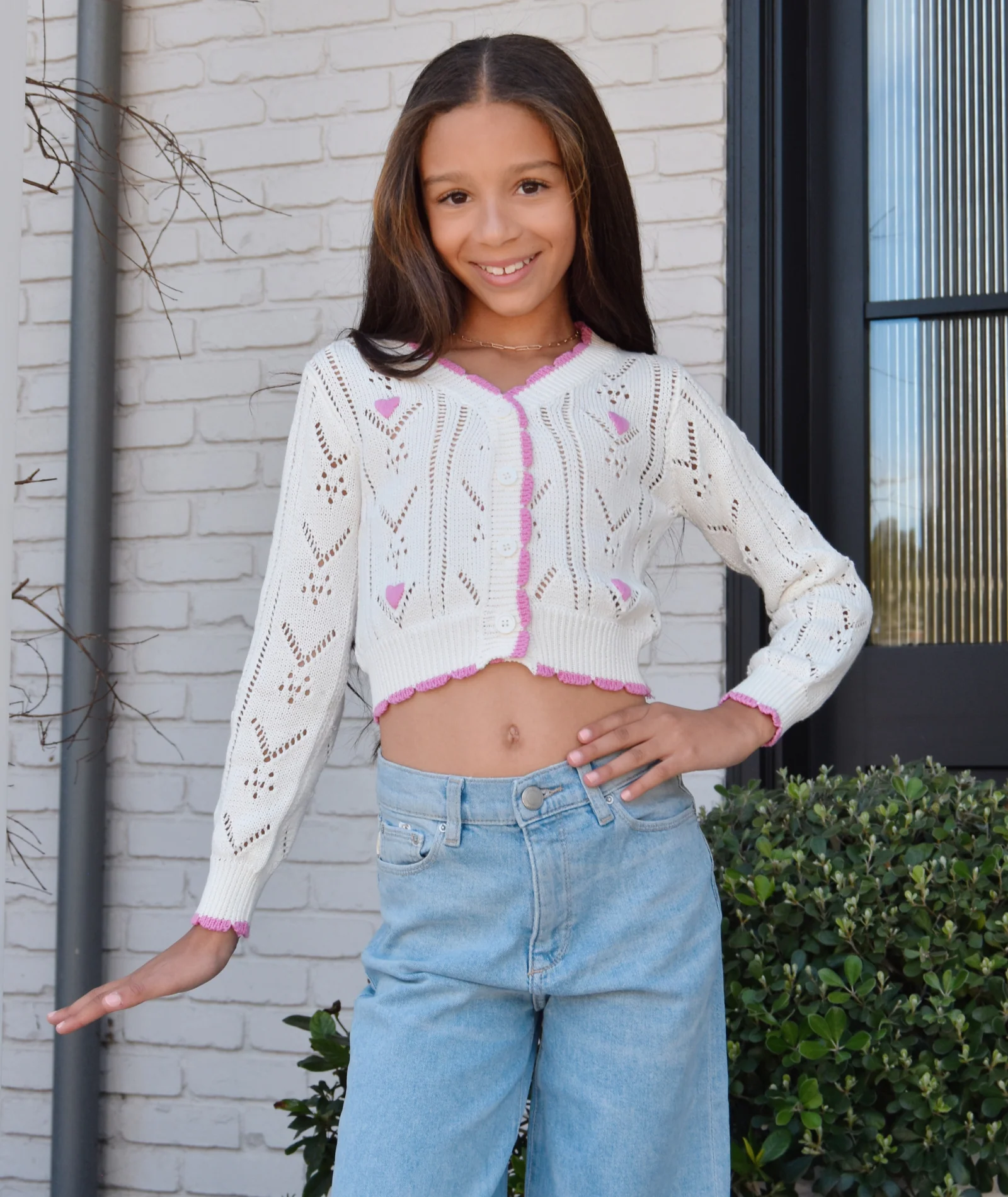 FBZ Girls Lucie Crochet Pink Heart Cardigan