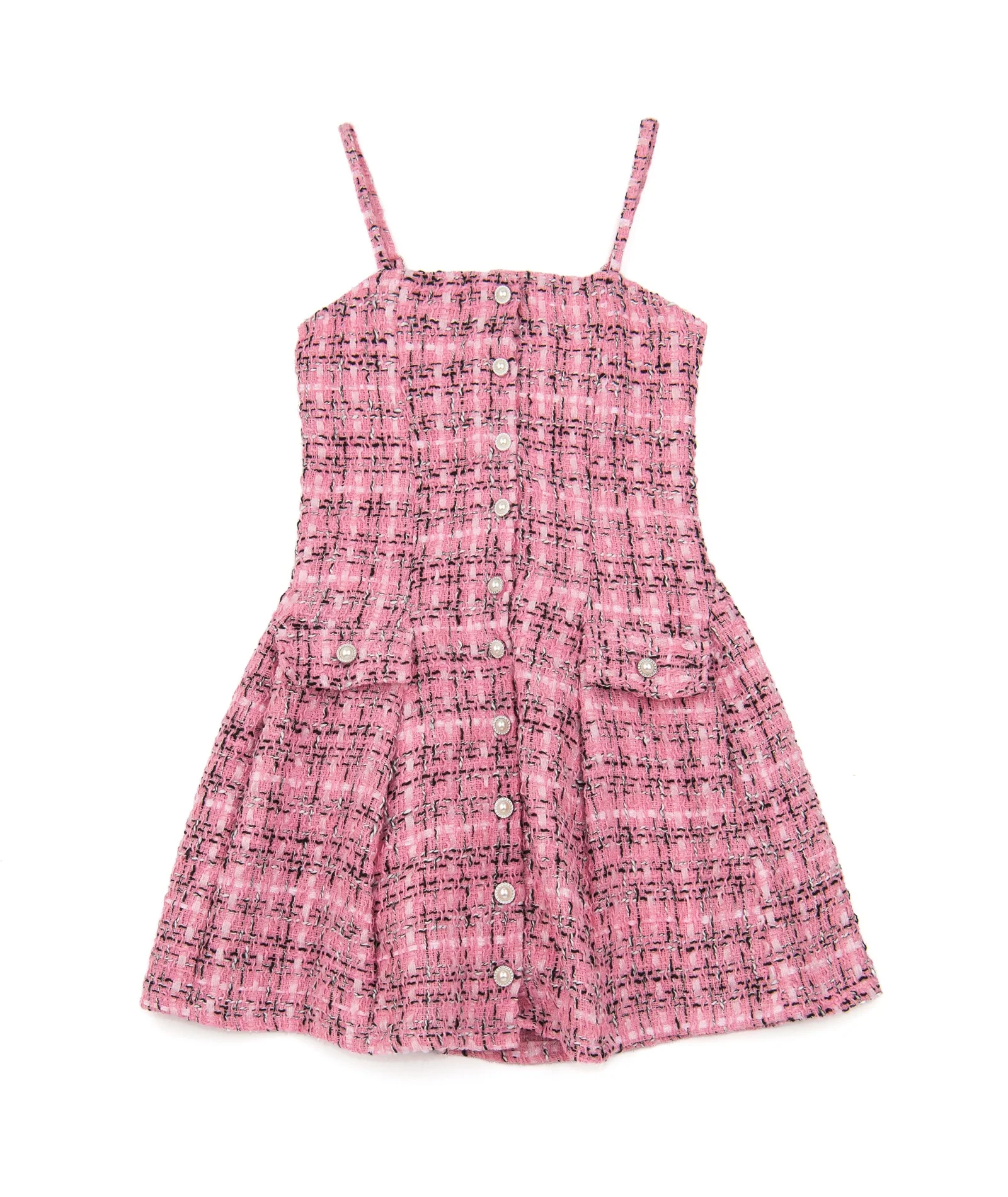 FBZ Girls Reggie Pink/Black Pearl Buttons Tweed Dress